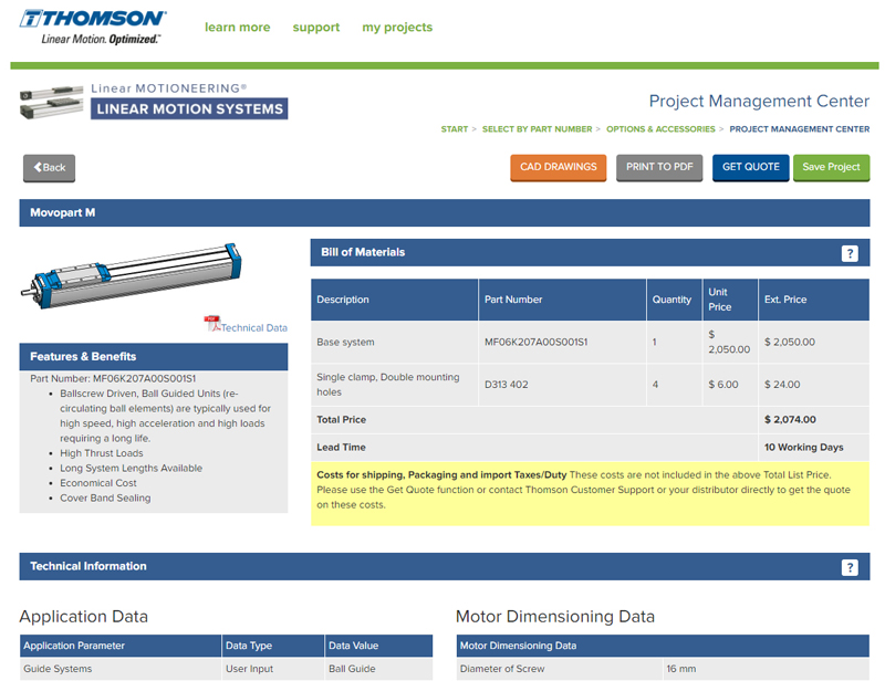 New Thomson Online Product Tool Reduces Linear Motion Component Sizing and Selection Time from Hours to Minutes
